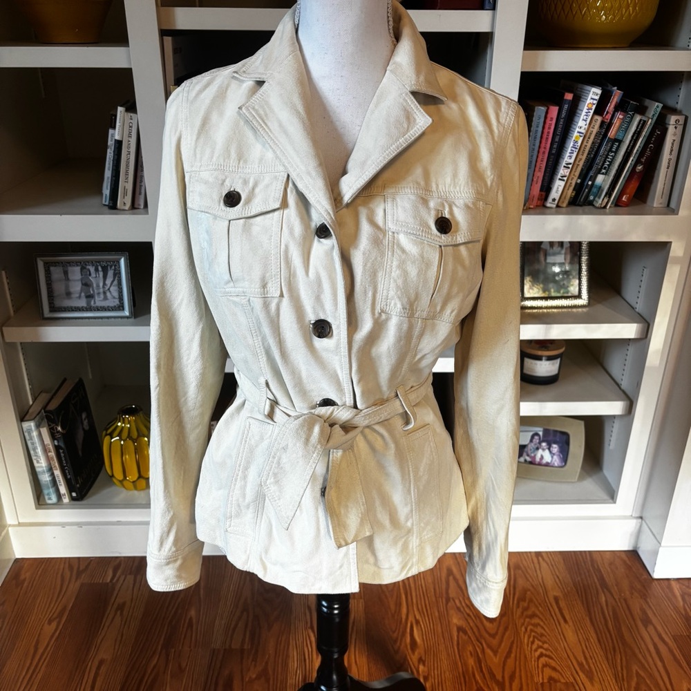 Eddie Bauer Cream Beige Suede Leather Utility Jacket Belt Petite Medium Neutral